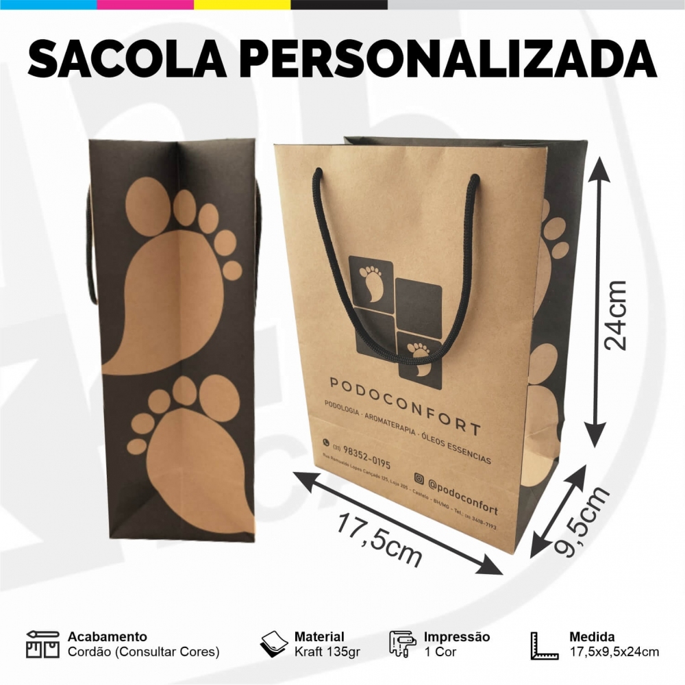Sacola de Papel Kraft Personalizada - 17,5x24x9,5cm - Colorida - 1.000 unid.